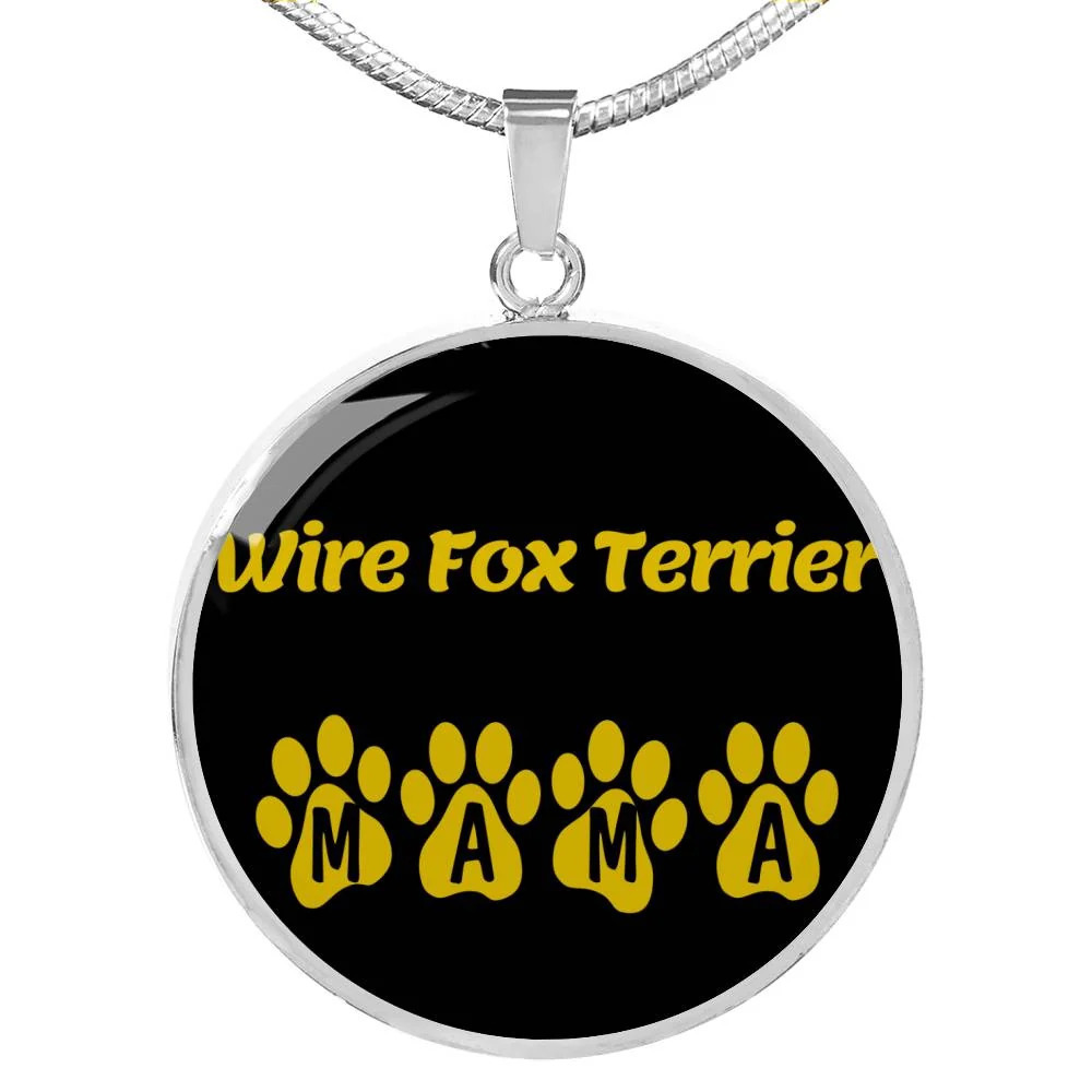 Wire Fox Terrier Mama Circle Pendant Necklace Stainless Steel 24 Inch Chain Sil
